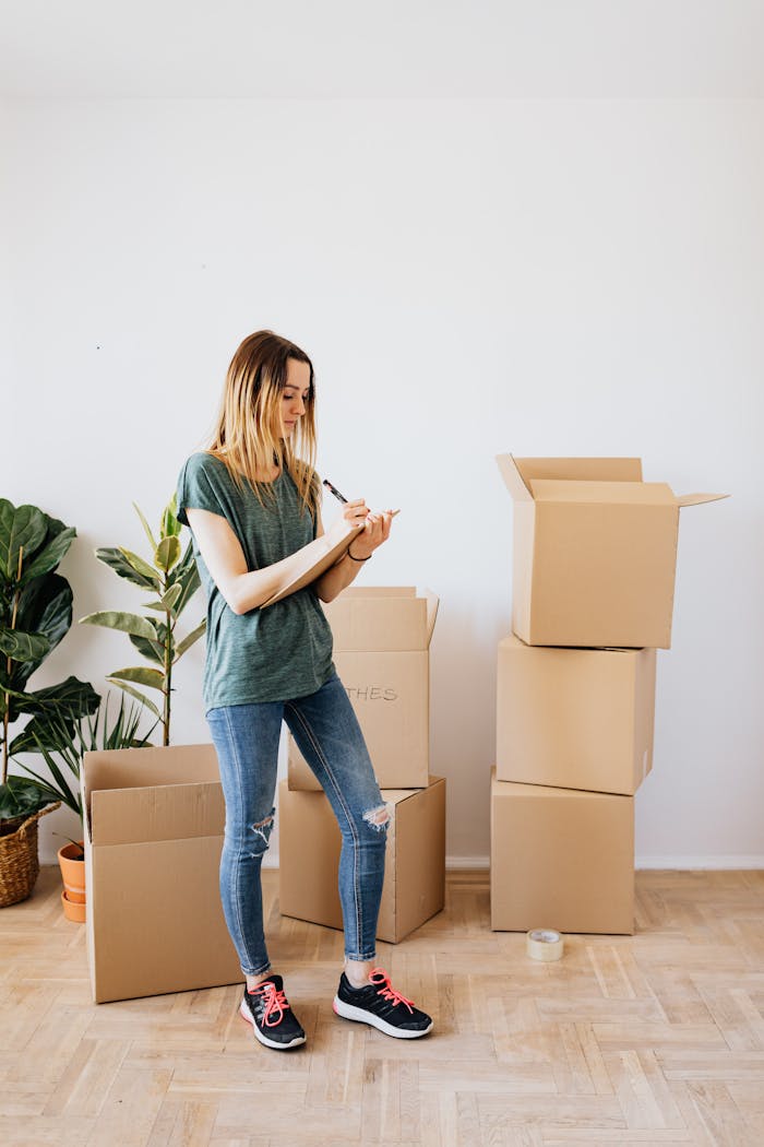 A woman organizes cardboard boxes while moving into a new house.